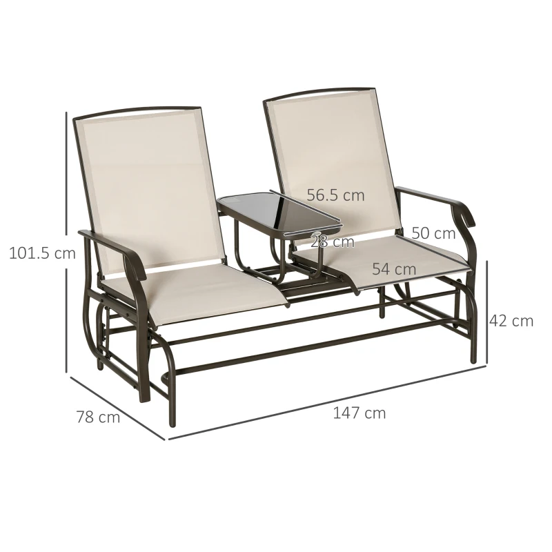 Outsunny 2 Seater Metal Double Swing Chair Glider Rocking Chair Seat Outdoor Seater Garden Furniture Patio Porch With Table Brown