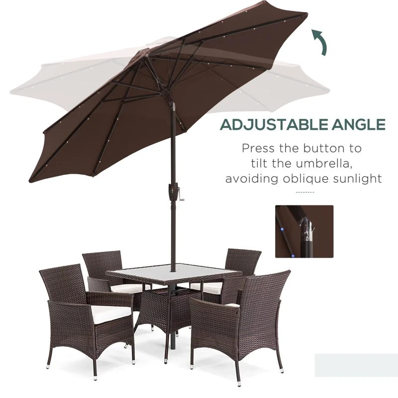 Outsunny Φ2.7m Garden 24 LED Light Parasol Solar Outdoor Tilt Sun Umbrella Patio Club Party Event Manual Sun Shade w/Hand Crank 8 Ribs Brown/Coffee