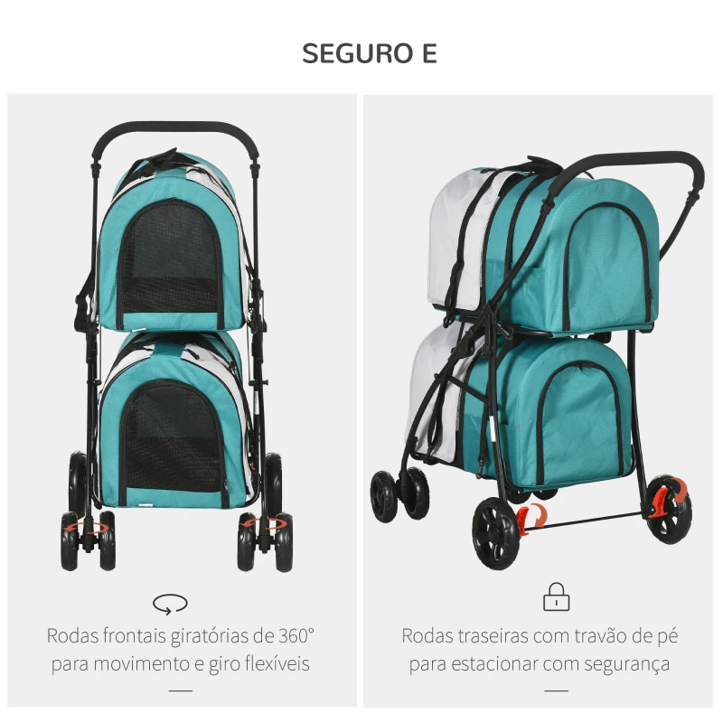 PawHut Carrinho Duplo para Cães Gatos Dobrável com 2 Transportadoras Portáteis Cinto de Segurança 66x50x98 cm Turquesa e Cinza
