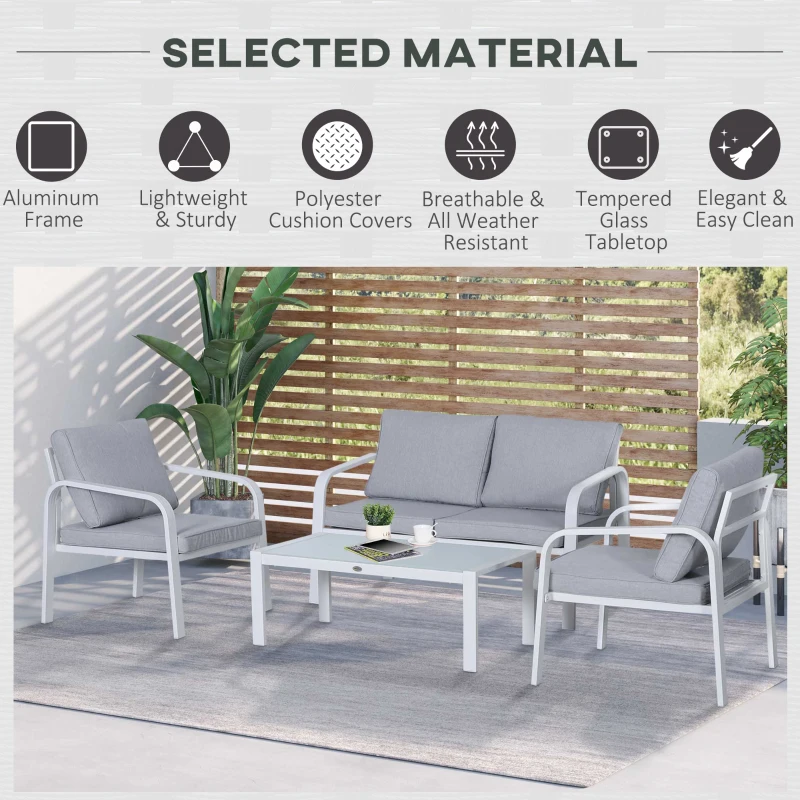 Outsunny 4pcs Garden Sofa Set 2 Single Armchair, 1 Bench & 1 Coffee Table Set Aluminum Frame Patio Furniture with Cushions, White