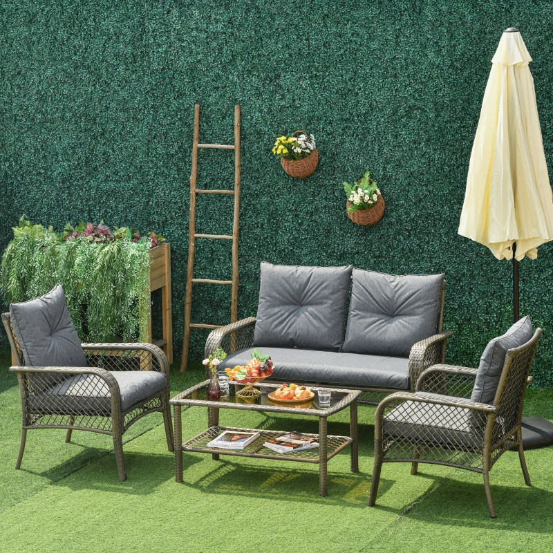 Outsunny 4 PCS Patio PE Rattan Wicker Sofa Sets Outdoor All Weather Conversation Furniture w/ Two Tier Tea Table & Cushions for Backyard Garden Grey