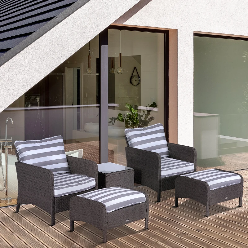 Outsunny 5 Pcs PE Rattan Garden Furniture Set, 2 Armchairs 2 Stools Glass Top Table Cushions Wicker Weave Chairs Outdoor Seating, Dark Grey