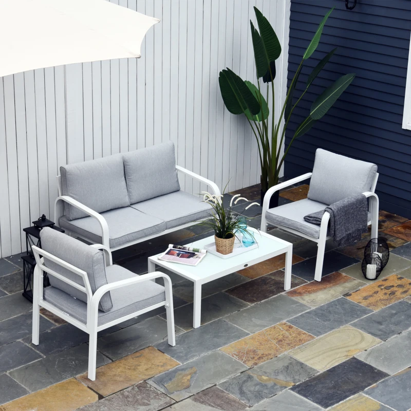 Outsunny 4pcs Garden Sofa Set 2 Single Armchair, 1 Bench & 1 Coffee Table Set Aluminum Frame Patio Furniture with Cushions, White