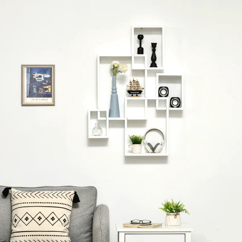 HOMCOM Floating Shelves, Wall Mounted Interlocking Cube Shelves, Display Wall Shelf for Living Room, Bedroom, Hallways, White
