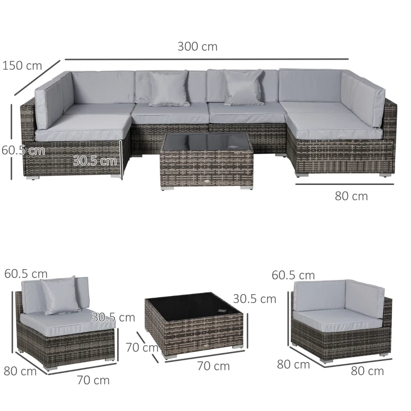 Outsunny 6-Seater Rattan Furniture Set Patio Sectional Sofa Cushion Seat Wicker Garden