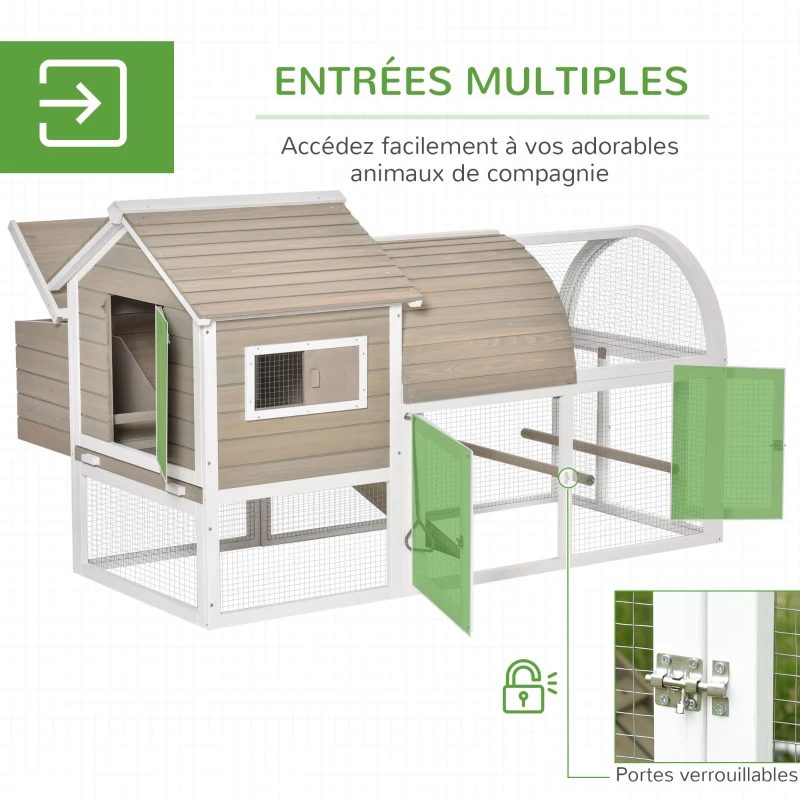 PawHut Poulailler clapier pour poule extérieur en bois de sapin avec nichoir eapace de vie spacieux plateau coulissant résister aux intempéries 167,5 x 109 x 100 cm gris blanc