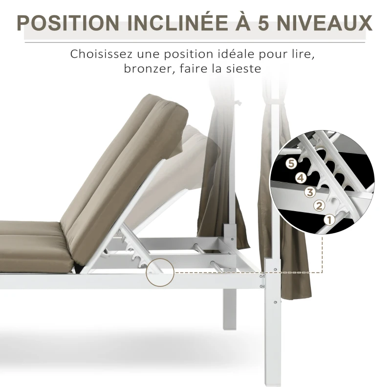 Outsunny Lit de jardin bain de soleil transat inclinable avec auvent rétractable, 2 places - 4 rideaux et matelas