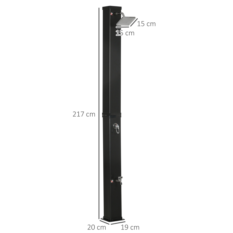 Outsunny Duche Solar Exterior 40L Duche de Jardim com Cabeçal Torneira Água Quente até 60℃ e Duche de Pés 19x20x217 cm Preto