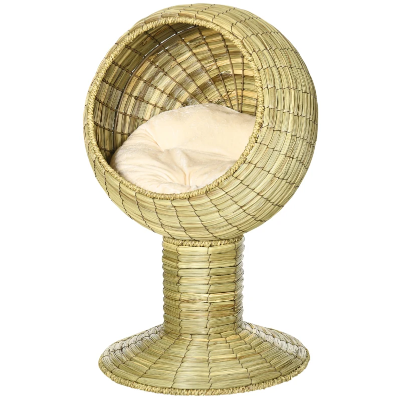 PawHut Raised Detachable Cat house, Natural Mat Grass Cat Bed, with Cushion