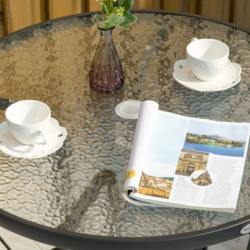 Outsunny Round Outdoor Dining Table, Tempered Glass Top Steel W/Parasol Hole, D80x72Hcm-Black