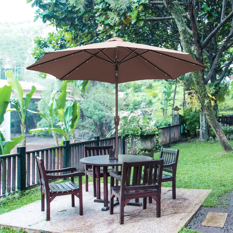 Outsunny Φ2.7m Garden 24 LED Light Parasol Solar Outdoor Tilt Sun Umbrella Patio Club Party Event Manual Sun Shade w/Hand Crank 8 Ribs Brown/Coffee