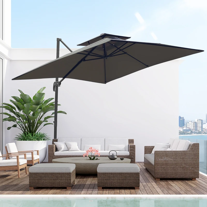 Outsunny 2.7 x 2.7(m) Garden Cantilever Roma Parasol with Aluminum Frame, Crank and Tilt, UV 50+, 360° Rotation, 180g Polyester Sun Shade Canopy with Base Weights and Cover