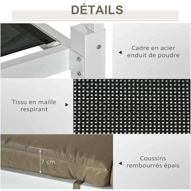 Outsunny Lit de jardin bain de soleil transat inclinable avec auvent rétractable, 2 places - 4 rideaux et matelas