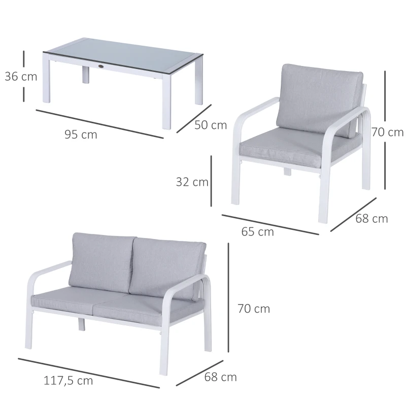 Outsunny 4pcs Garden Sofa Set 2 Single Armchair, 1 Bench & 1 Coffee Table Set Aluminum Frame Patio Furniture with Cushions, White