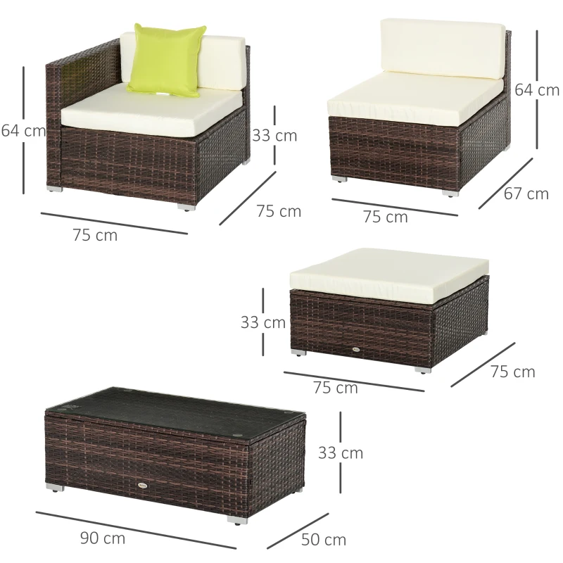 Outsunny 5pcs Rattan L-Shaped Corner Couch Sofas with Coffee Table Adjustable Feet Water-resistant Polyester Cloth Brown