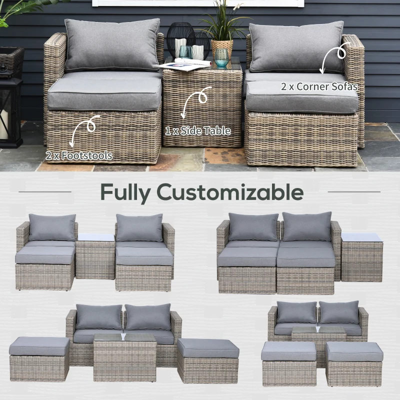 Outsunny 5 Pcs Rattan Garden Furniture Set w/ Tall Glass-Top Table Aluminium Frame Plastic Wicker Thick Soft Cushions Comfortable Outdoor Balcony Home Sofa - Brown