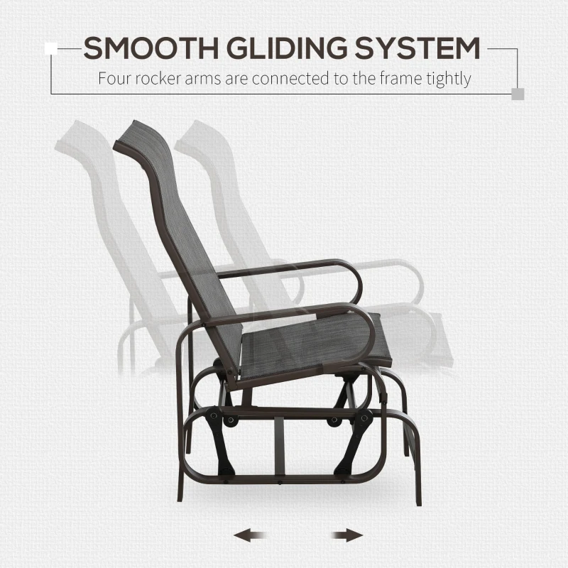 Outsunny 3 Pieces Garden Gliding Chair Set, Metal Frame 2 Single Armchair Swing Seater and 1 Glass Top Coffee Table w/ Breath Mesh Fabric Seat, Brown