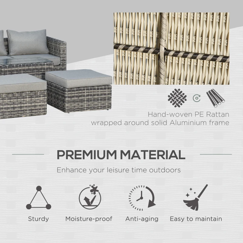 Outsunny 5 Pcs Rattan Garden Furniture with Tall Glass Top Coffee Table Thick Soft Washa Cushions for Patio Balcony Mixed Grey