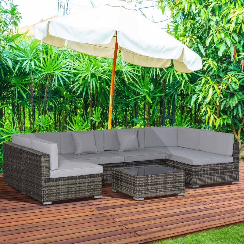 Outsunny 6-Seater Rattan Furniture Set Patio Sectional Sofa Cushion Seat Wicker Garden