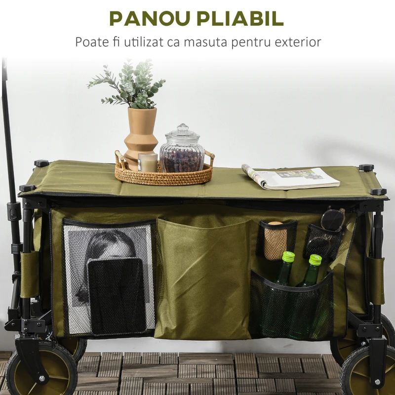Outsunny Carucior de gradina pliabil cu roti, Carucior de camping pliabil cu placa pliabila, Carucior utilitar pentru exterior cu cadru din otel si material Oxford, verde