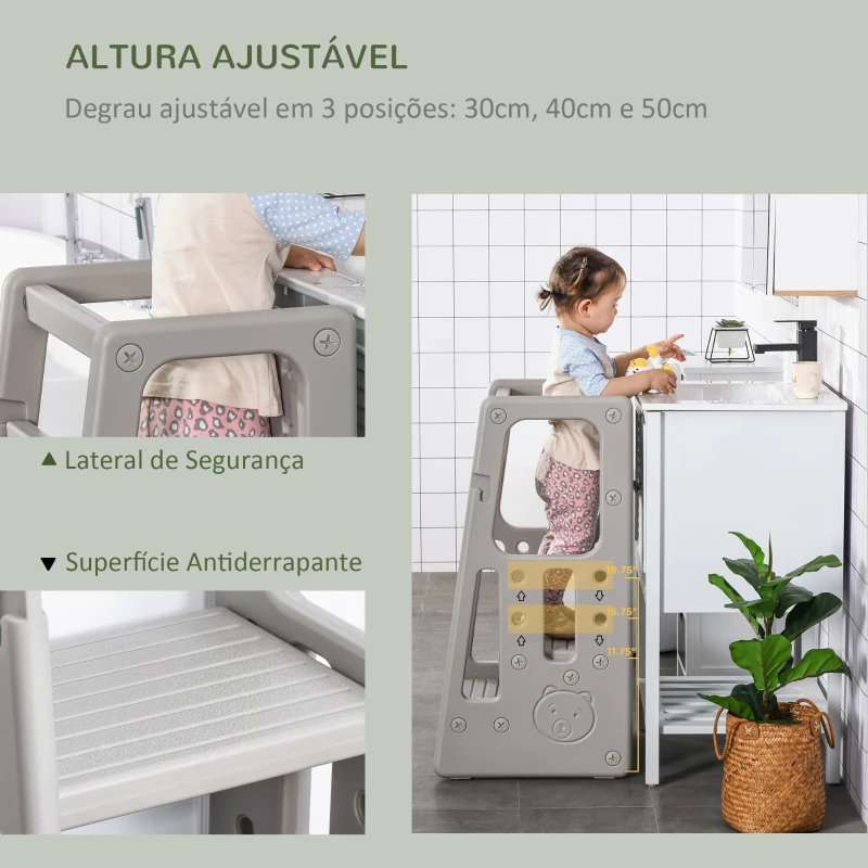 HOMCOM Torre de Aprendizagem para Crianças Banco Infantil com Altura Ajustável em 3 Posições 47x47x90 cm Cinza
