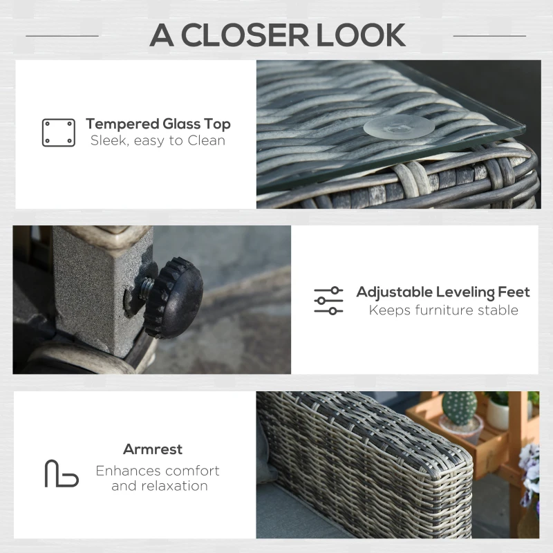 Outsunny 5 Pcs Rattan Garden Furniture with Tall Glass Top Coffee Table Thick Soft Washa Cushions for Patio Balcony Mixed Grey