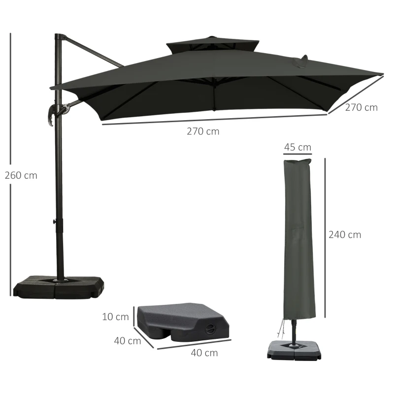 Outsunny 2.7 x 2.7(m) Garden Cantilever Roma Parasol with Aluminum Frame, Crank and Tilt, UV 50+, 360° Rotation, 180g Polyester Sun Shade Canopy with Base Weights and Cover