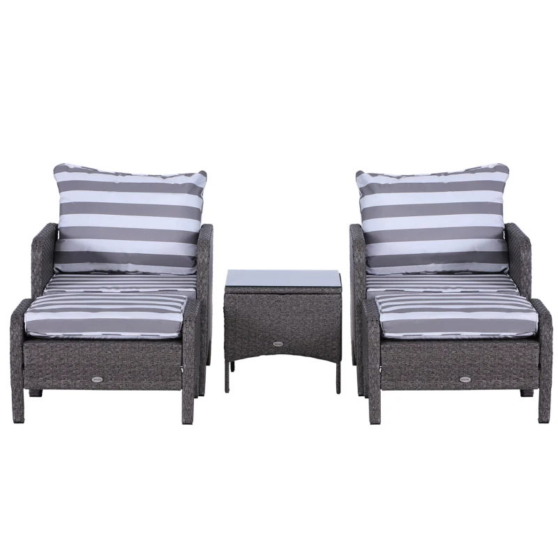 Outsunny 5 Pcs PE Rattan Garden Furniture Set, 2 Armchairs 2 Stools Glass Top Table Cushions Wicker Weave Chairs Outdoor Seating, Dark Grey