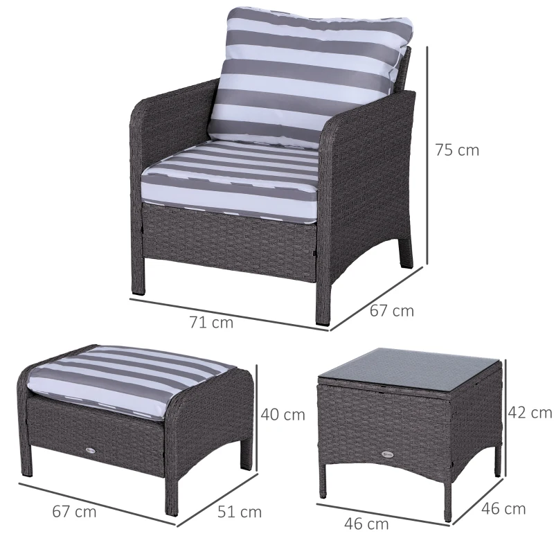 Outsunny 5 Pcs PE Rattan Garden Furniture Set, 2 Armchairs 2 Stools Glass Top Table Cushions Wicker Weave Chairs Outdoor Seating, Dark Grey