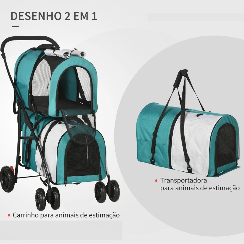 PawHut Carrinho Duplo para Cães Gatos Dobrável com 2 Transportadoras Portáteis Cinto de Segurança 66x50x98 cm Turquesa e Cinza