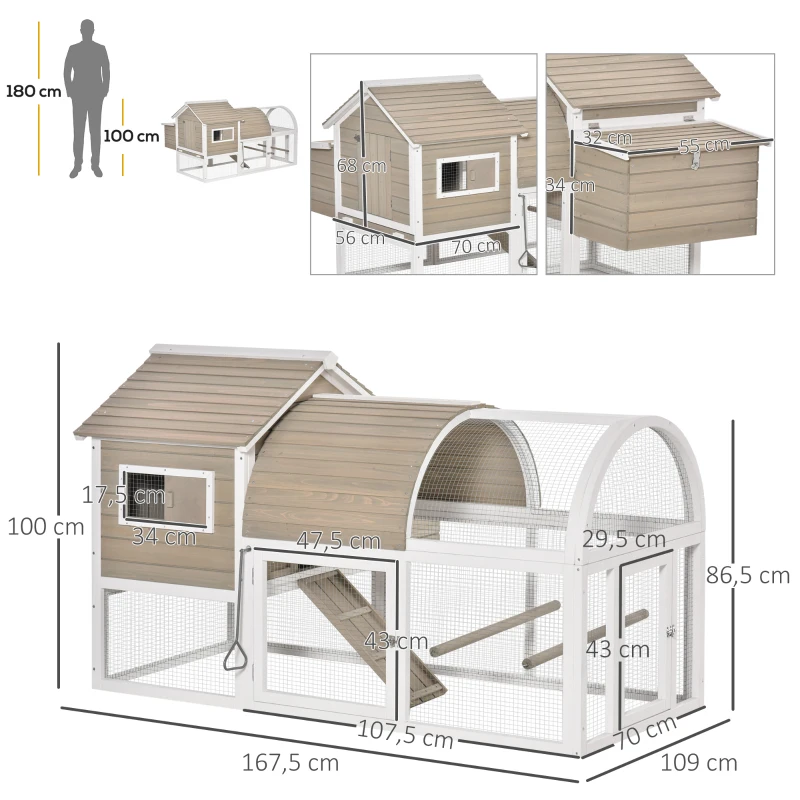 PawHut Poulailler clapier pour poule extérieur en bois de sapin avec nichoir eapace de vie spacieux plateau coulissant résister aux intempéries 167,5 x 109 x 100 cm gris blanc