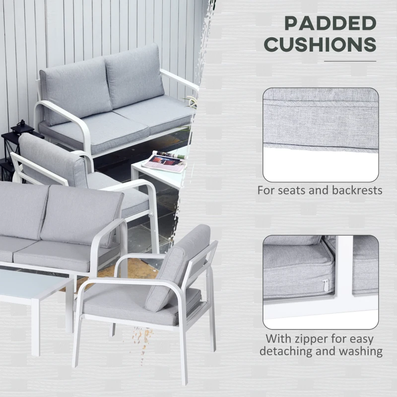 Outsunny 4pcs Garden Sofa Set 2 Single Armchair, 1 Bench & 1 Coffee Table Set Aluminum Frame Patio Furniture with Cushions, White