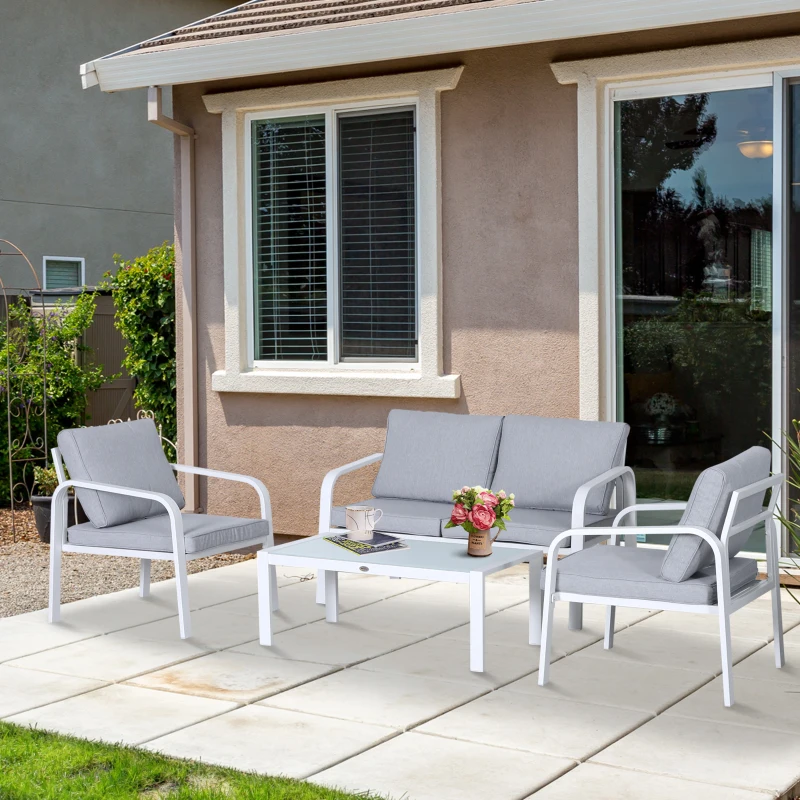 Outsunny 4pcs Garden Sofa Set 2 Single Armchair, 1 Bench & 1 Coffee Table Set Aluminum Frame Patio Furniture with Cushions, White