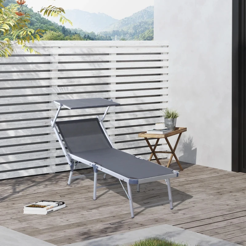 Outsunny Espreguiçadeira Dobrável e Reclinável com Toldo Ajustável em Ângulo Espreguiçadeira para Jardim Terraço Campismo Exterior 169x72x55-72cm Cinza
