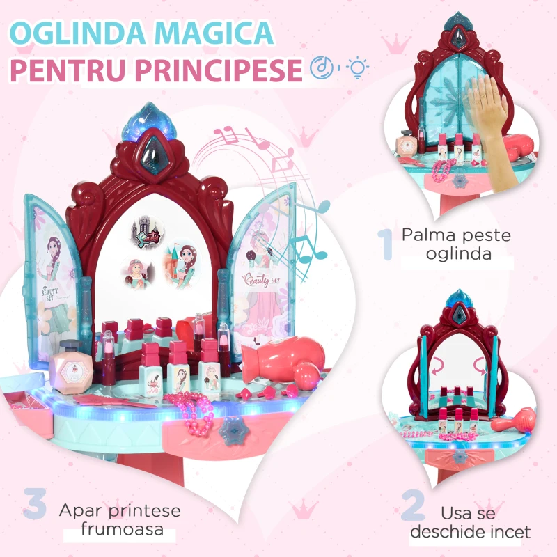 AIYAPLAY Set de oglinda si masa cu design printesa magica, jucarie muzicala, set de frumusete, pentru 3-6 ani, albastru roz
