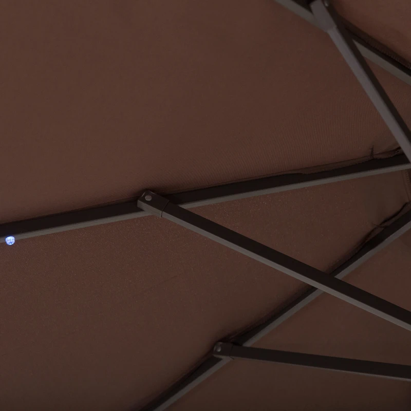 Outsunny Φ2.7m Garden 24 LED Light Parasol Solar Outdoor Tilt Sun Umbrella Patio Club Party Event Manual Sun Shade w/Hand Crank 8 Ribs Brown/Coffee