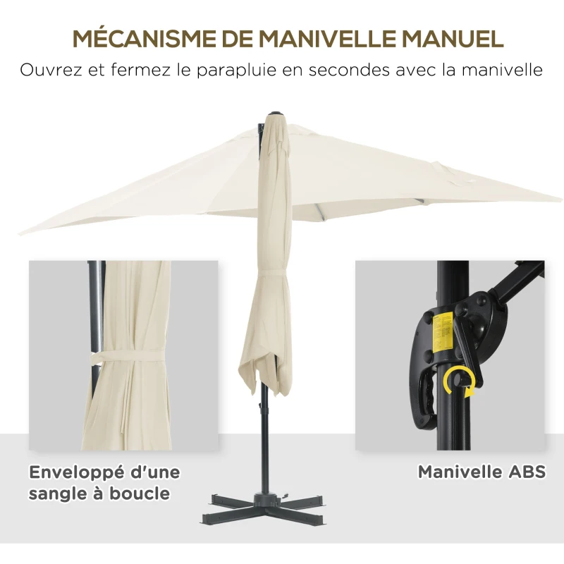 Outsunny Parasol déporté carré inclinable manivelle avec pied en acier dim. 2,5L x 2,5l m alu. polyester crème