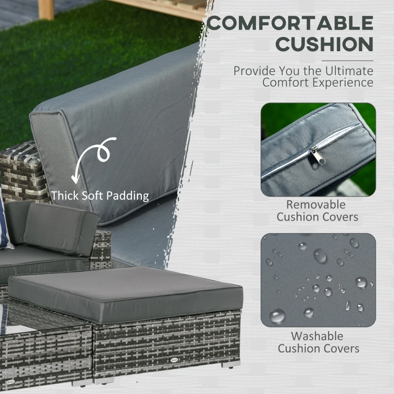 Outsunny 6 PC Rattan Sofa Coffee Table Set Sectional Wicker Weave Furniture for Garden Outdoor Conservatory w/Pillow Cushion Grey