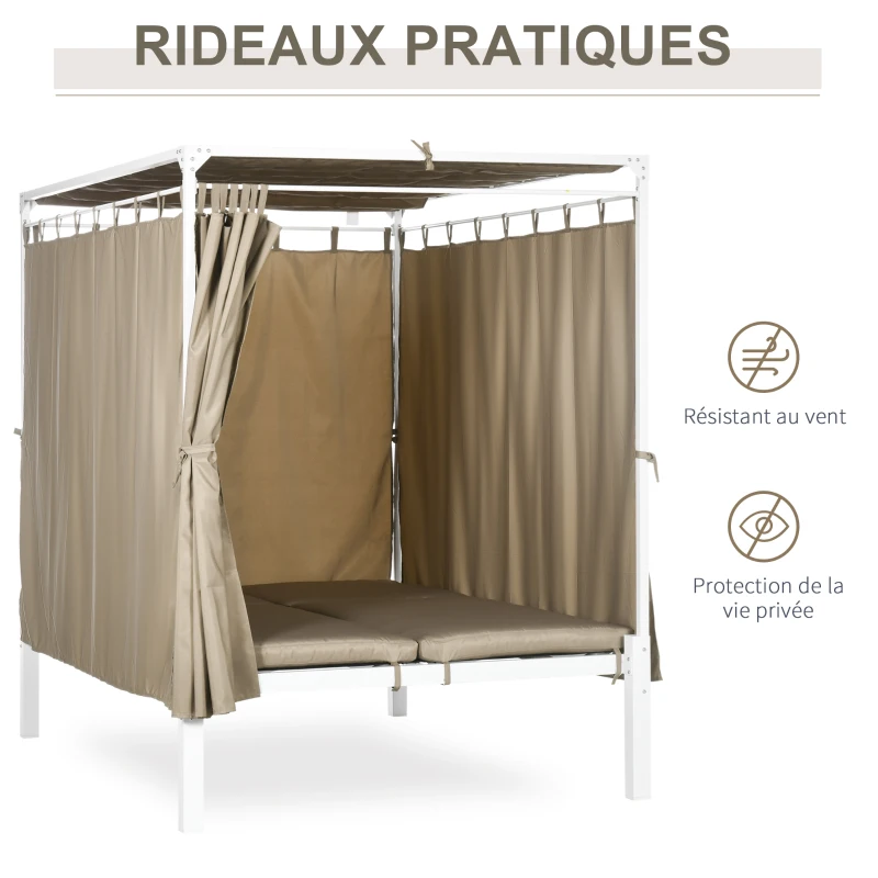 Outsunny Lit de jardin bain de soleil transat inclinable avec auvent rétractable, 2 places - 4 rideaux et matelas