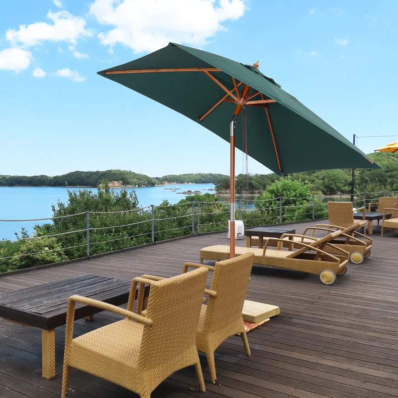 Outsunny 2m x 1.5m Garden Parasol Umbrella with Tilting Sunshade Canopy, Wood and Bamboo Frame, Outdoor Market Table Umbrella, Green