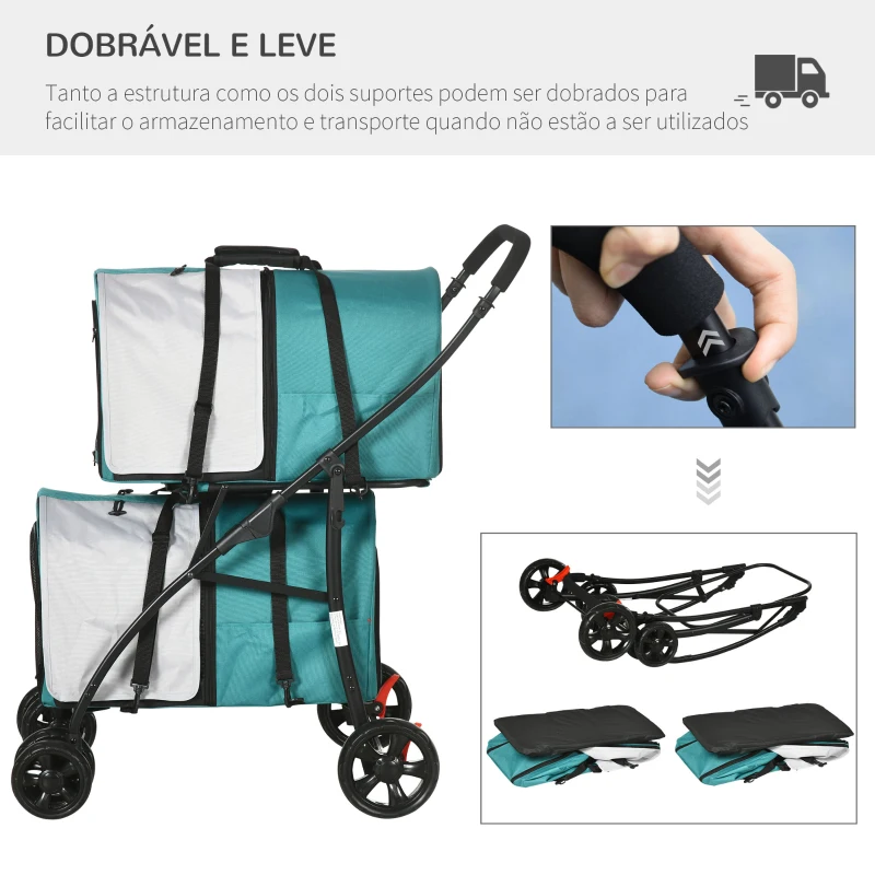 PawHut Carrinho Duplo para Cães Gatos Dobrável com 2 Transportadoras Portáteis Cinto de Segurança 66x50x98 cm Turquesa e Cinza
