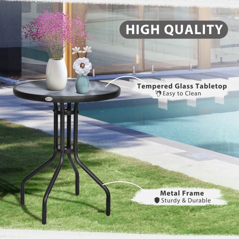 Outsunny 60cm Diameter Outdoor Bistro Table, Garden Round Dining Table Glass Top Table, for balcony, garden, Black