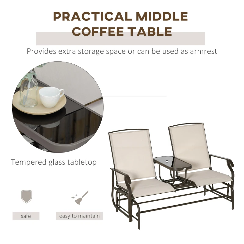 Outsunny 2 Seater Metal Double Swing Chair Glider Rocking Chair Seat Outdoor Seater Garden Furniture Patio Porch With Table Brown