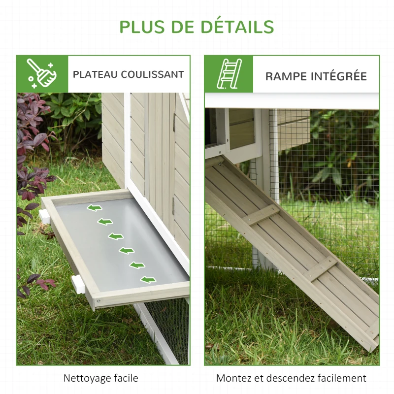 PawHut Poulailler clapier pour poule extérieur en bois de sapin avec nichoir eapace de vie spacieux plateau coulissant résister aux intempéries 167,5 x 109 x 100 cm gris blanc
