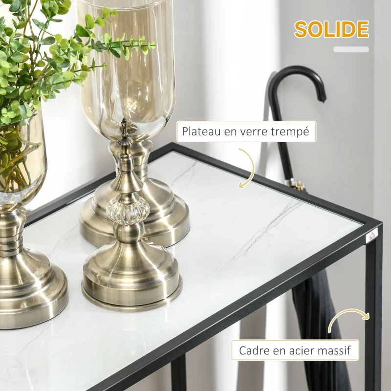 HOMCOM Table Console table d'appoint d'entrée 100 cm Plateau Verre trempé effet marbre avec Structure en métal