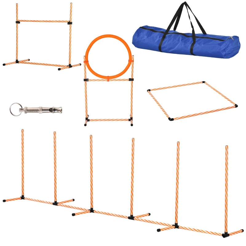 PawHut Dog Agility Equipment Pet Training Set with Adjustable Height Jump Ring Hurdle Whistle Weave Poles Square Pause Box Carry Bag