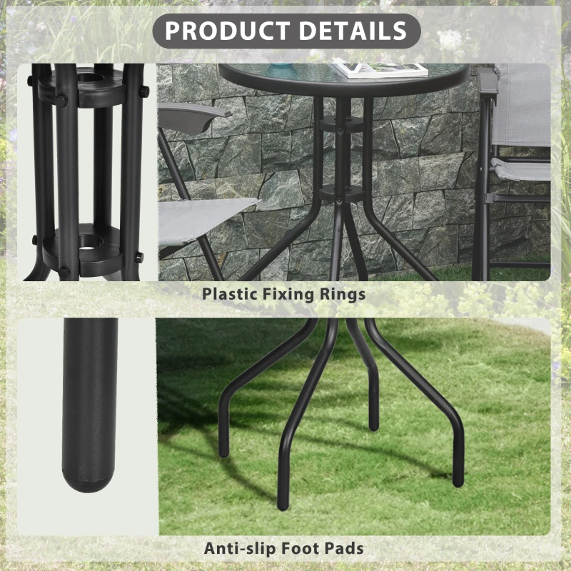 Outsunny 60cm Diameter Outdoor Bistro Table, Garden Round Dining Table Glass Top Table, for balcony, garden, Black