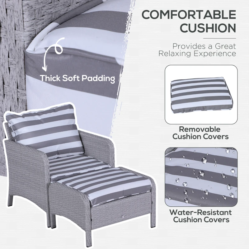 Outsunny 5 Pcs PE Rattan Garden Furniture Set, 2 Armchairs 2 Stools Glass Top Table Cushions Wicker Weave Chairs Outdoor Seating, Grey and White