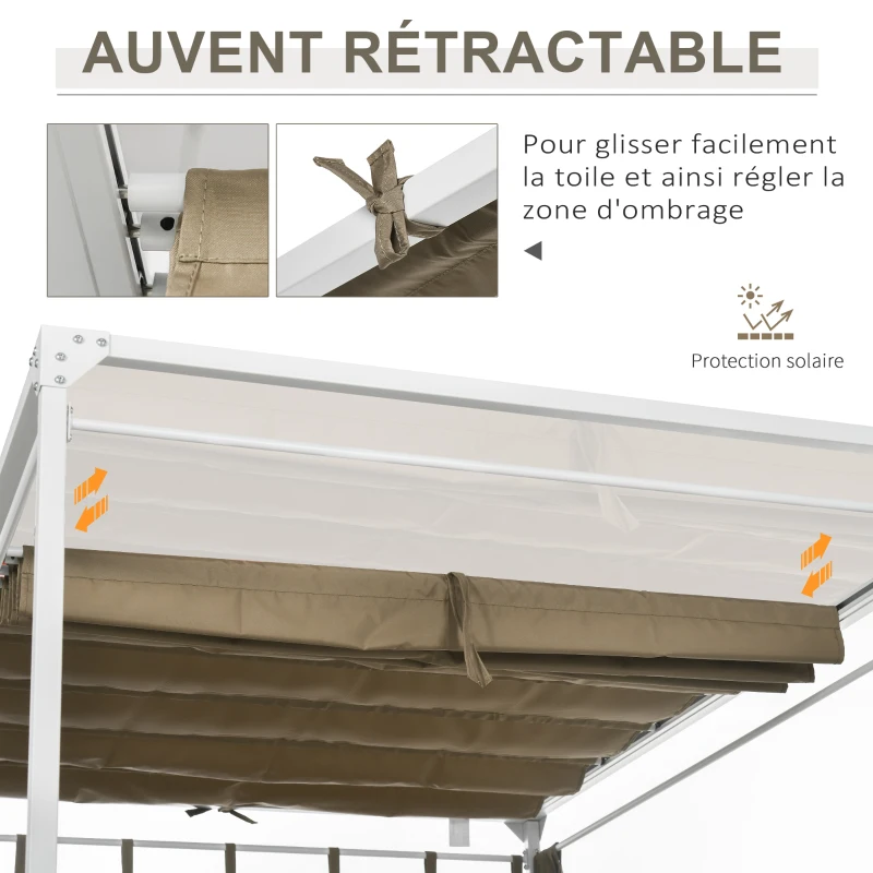 Outsunny Lit de jardin bain de soleil transat inclinable avec auvent rétractable, 2 places - 4 rideaux et matelas