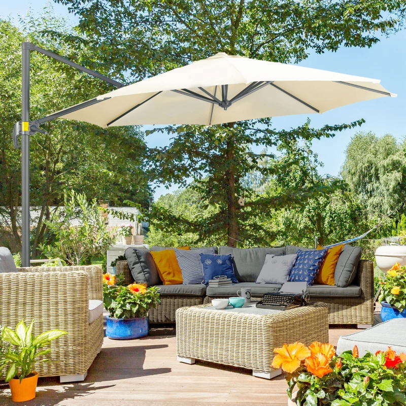 Outsunny Chapéu de Sol Excêntrico com Rotação 360° Inclinação e Manivela Varanda Ø293x248cm Bege